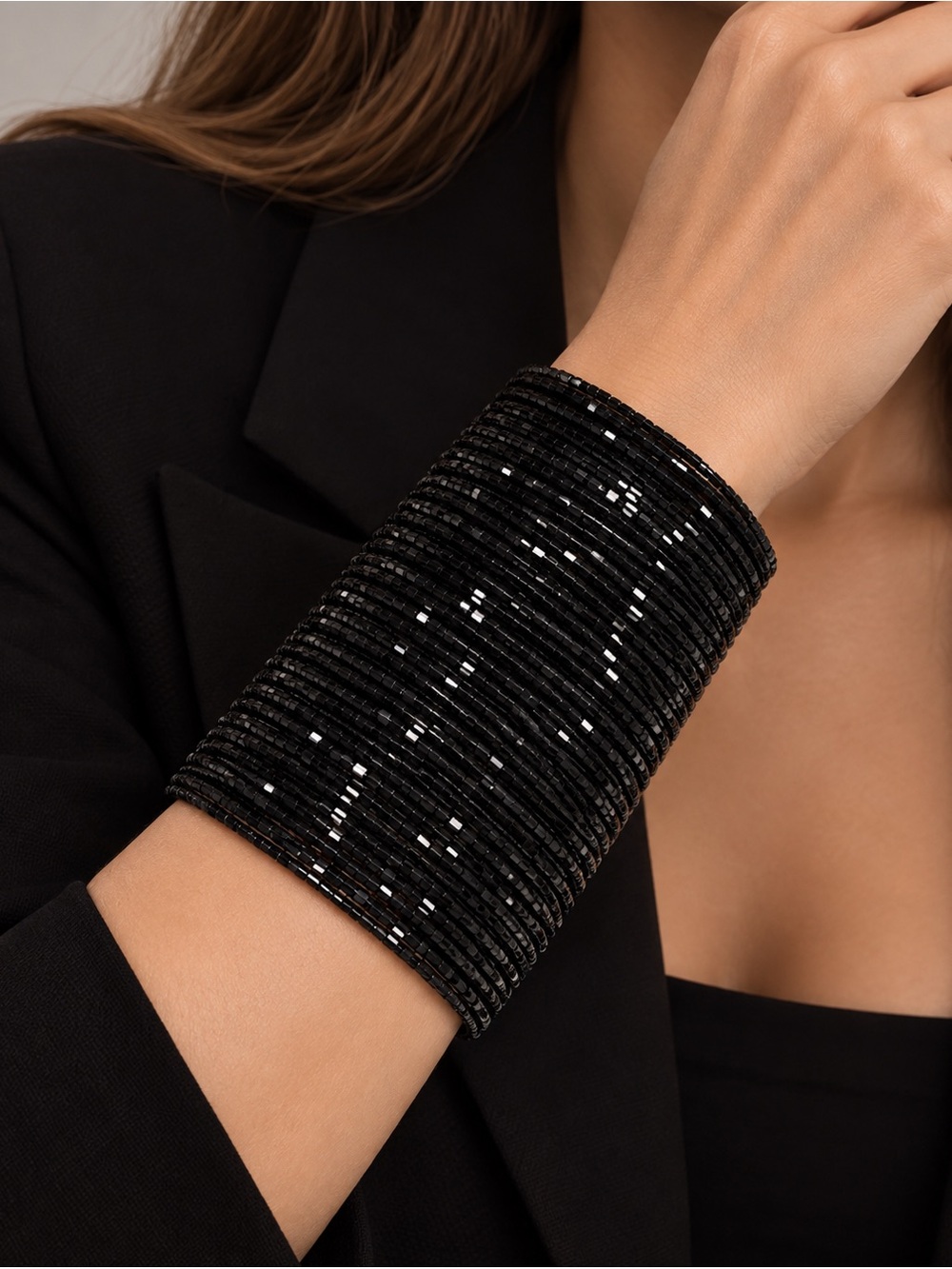ZARA Black Glass Beaded Multi-Strand Statement Cuff Bracelet